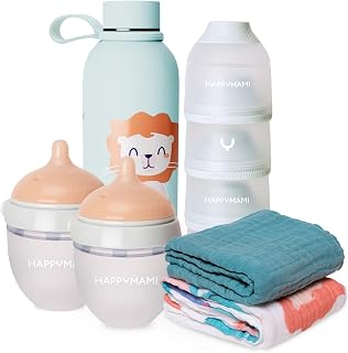 Happymami Premium Birth Gift Set - Complete Breastfeeding Set: 2 Anti-Colic Bottles, Stainless Steel Therme, Milk Dispenser and 2 Cotton Swaddles - Baby Kit Travel and Home