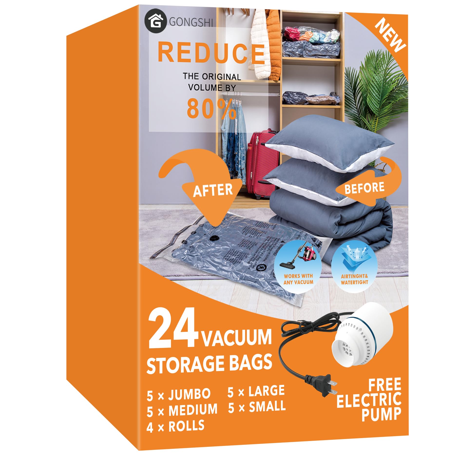 24 Pack Vacuum Storage Bags with Electric Pump, (5 Jumbo,5 Large,5 Medium,5 Smal