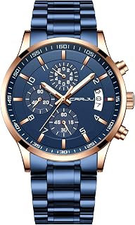 CRRJU Men's Waterproof Chronograph Watch, Stainless Steel Strap, Analogue, Quartz Business Watch with Date