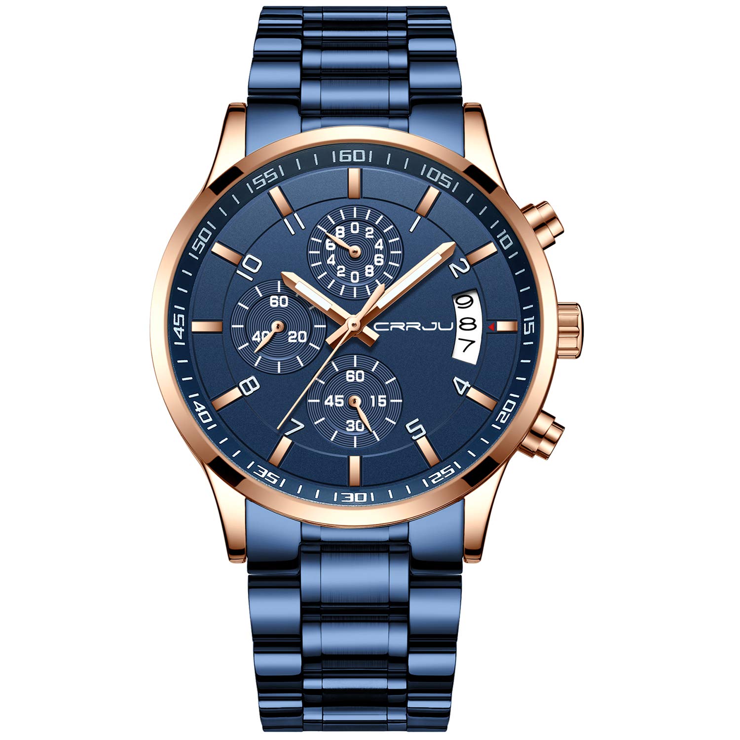 CRRJU Men's Waterproof Chronograph Watch, Stainless Steel Strap, Analogue, Quart