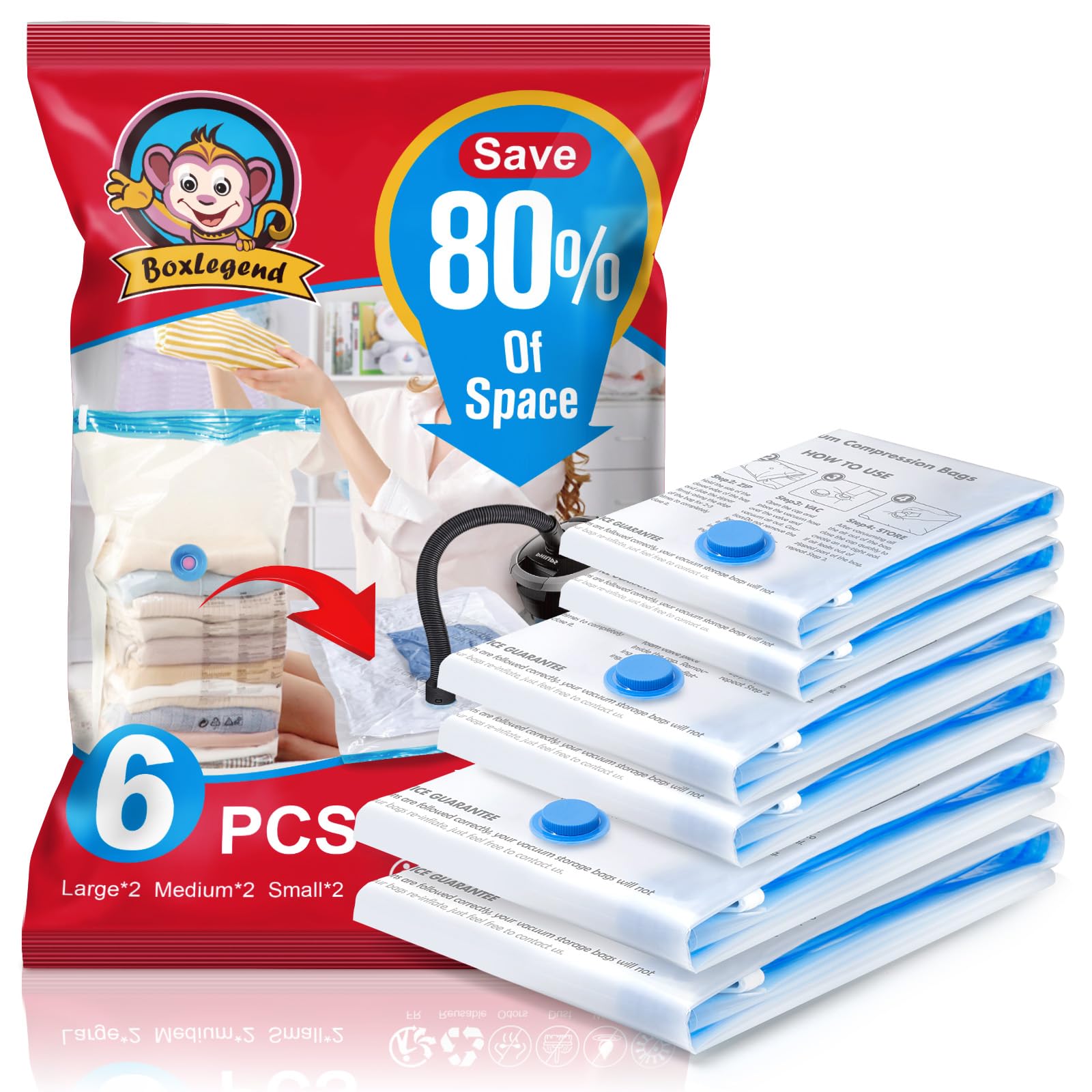BoxLegend Vacuum Storage Bags Vacuum Bags 6 Pieces 2 x 100 x 80 + 2 x 80 x 60 + 