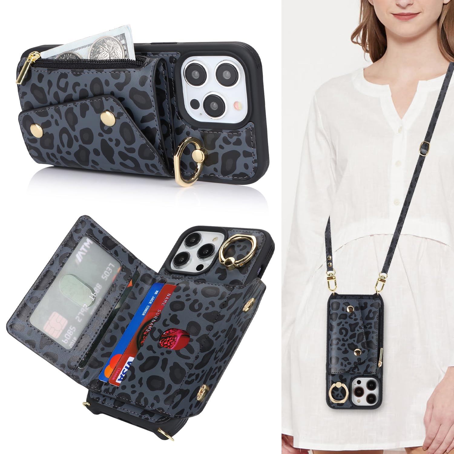Lipvina Crossbody Wallet Case for iPhone 15 Pro Max,Black Leopard