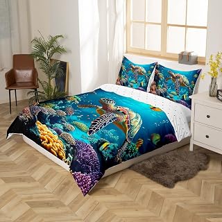 Feelyou Sea Turtle Duvet Cover Set Ocean Nautical Comforter Cover Hawaii Beach Bedding Set Sea Animal Coastal Quilt Cover 2 Pillowcases King Size