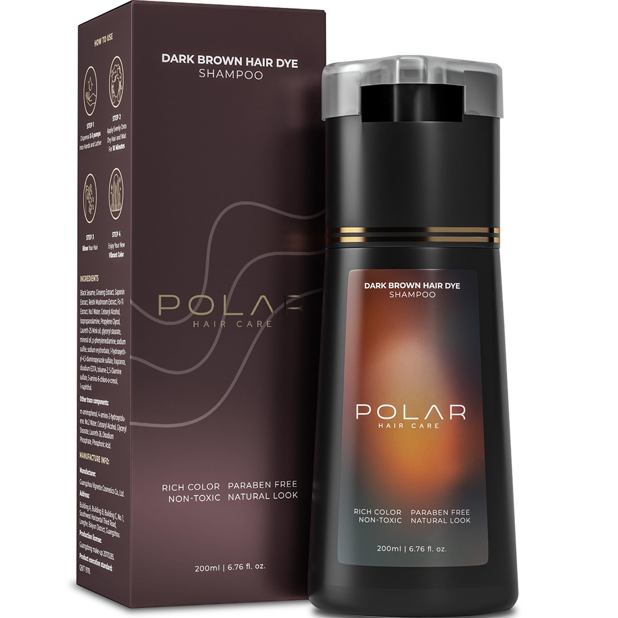 Polar Hair Dye Shampoo for Gray Hair, Dark Brown Color for Women & Men | 3 in 1 