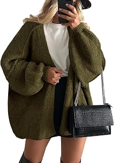 PRETTYGARDEN Ladies Plus Size Autumn Long Lantern Sleeve Knit Open Front Lightweight Sweater