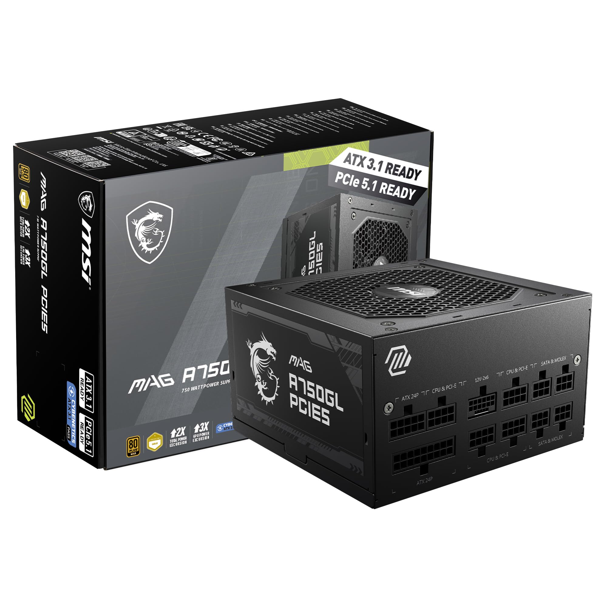 MSI MAG A750GL PCIE5, Fully Modular Compact Gaming 750W Power Supply, 80+ Gold, 