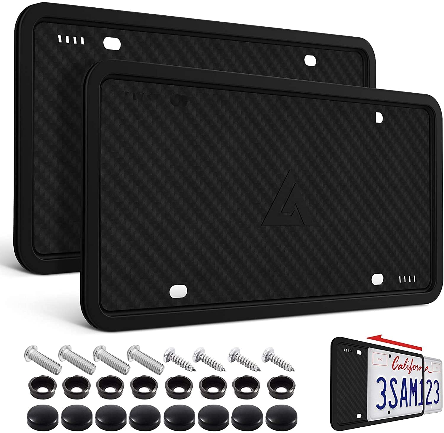 Aujen Silicone License Plate Frames,2 Pack Black Side-Opening License Bracket Ho