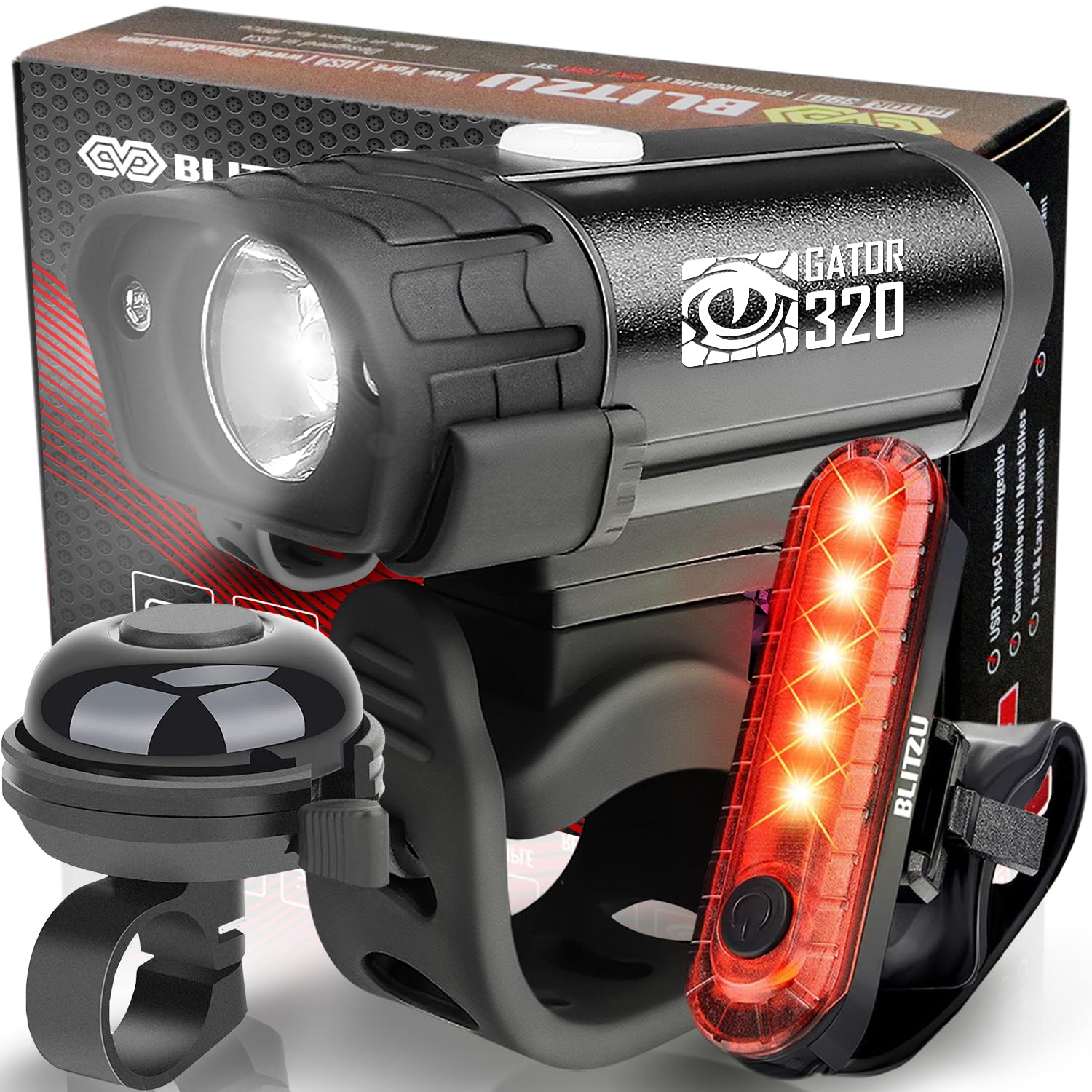 USB Rechargeable Bike Lights Set, Bicycle Reflector, LED Front, Rear & Bell