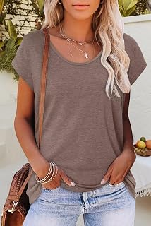 Short Sleeve Shirts for Women Trendy Solid Color Summer Tunic Tops Casual Loose Fit Crew Neck Blouses