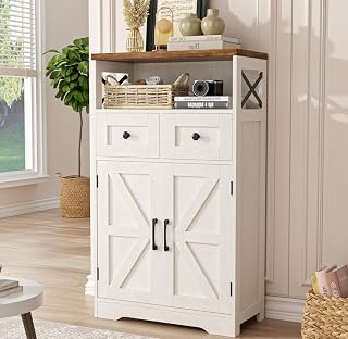 Farmhouse Kitchen Storage Cabinet with Doors & Drawers & Open Shelf, White | Coffee Bar Sideboard Buffet Cabinet for Kitchen/Dining Room, 2 Storage Drawers, 2 Barn Doors, Adjustable Shelf, Open Storage