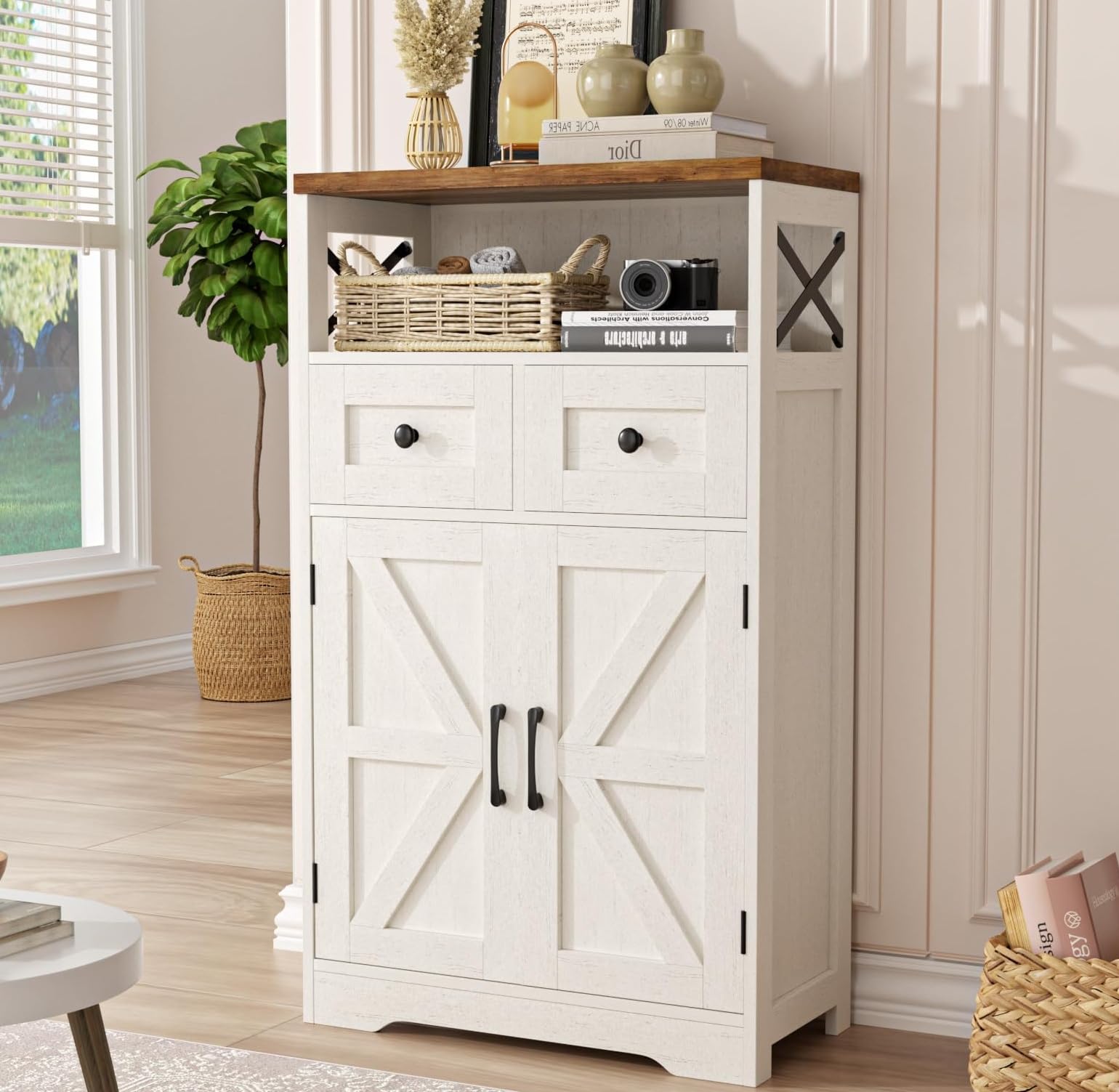 Farmhouse Kitchen Storage Cabinet with Doors & Drawers & Open Shelf, White | Cof