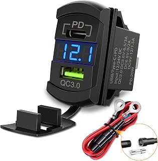 Nilight Rocker Switch Style PD Type C and USB Outlet LED Voltmeter | Quick connector 12V QC 3.0 Cars Charger Replacement with Inline Fuse for Switches Panel on Boats RV Truck Car