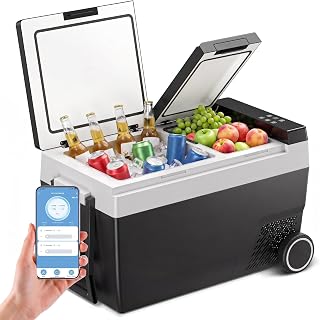 Feelfunn 12 Volt Refrigerator 55QT Dual-Zone Car Fridge Freezer with Wheels | -4°F to 68°F, Fast Cooling, APP Control, Under 45db, Battery Protection, 12/24V DC 100-240V AC for Camping RV Truck SUV