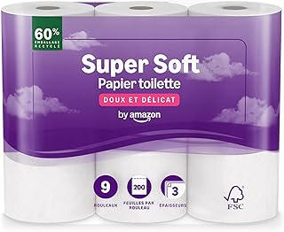 by Amazon Toilet Paper, 3 Ply Quilted, Soft and Silky, 9 Rolls (1 Packs of 9), 200 Sheets per Roll, FSC Certified