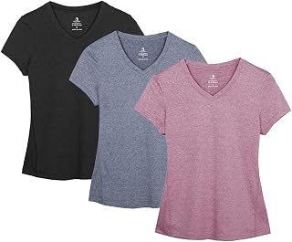 icyzone Damen Sport T-Shirt Kurzarm V-Ausschnitt Laufshirt Atmungsaktive Fitness Gym Funktions Shirt