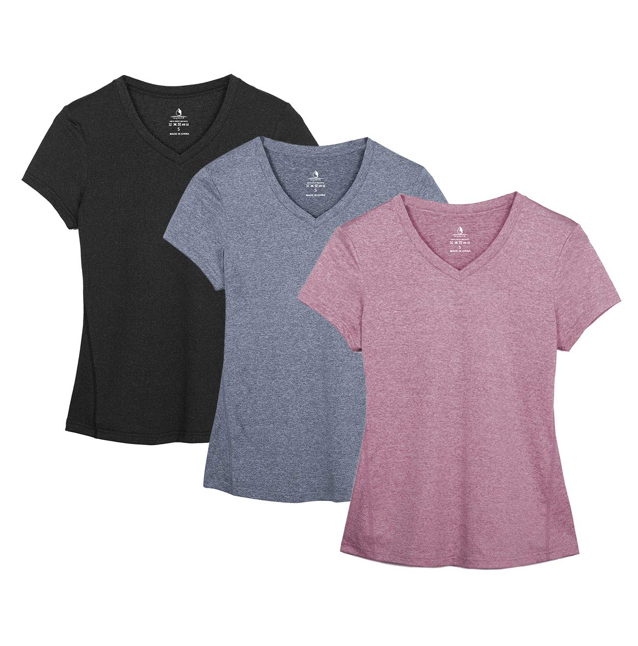 icyzone Damen Sport T-Shirt Kurzarm V-Ausschnitt Laufshirt Atmungsaktive Fitness