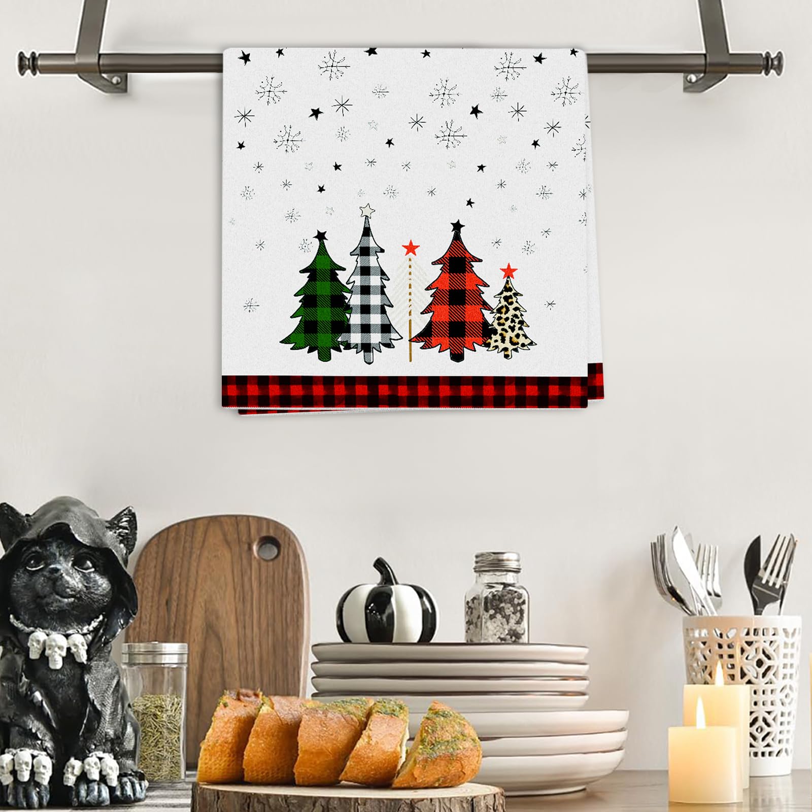 Merry Christmas Red & Black Check Hand Towels, Snowflakes & Stars Bath Towels