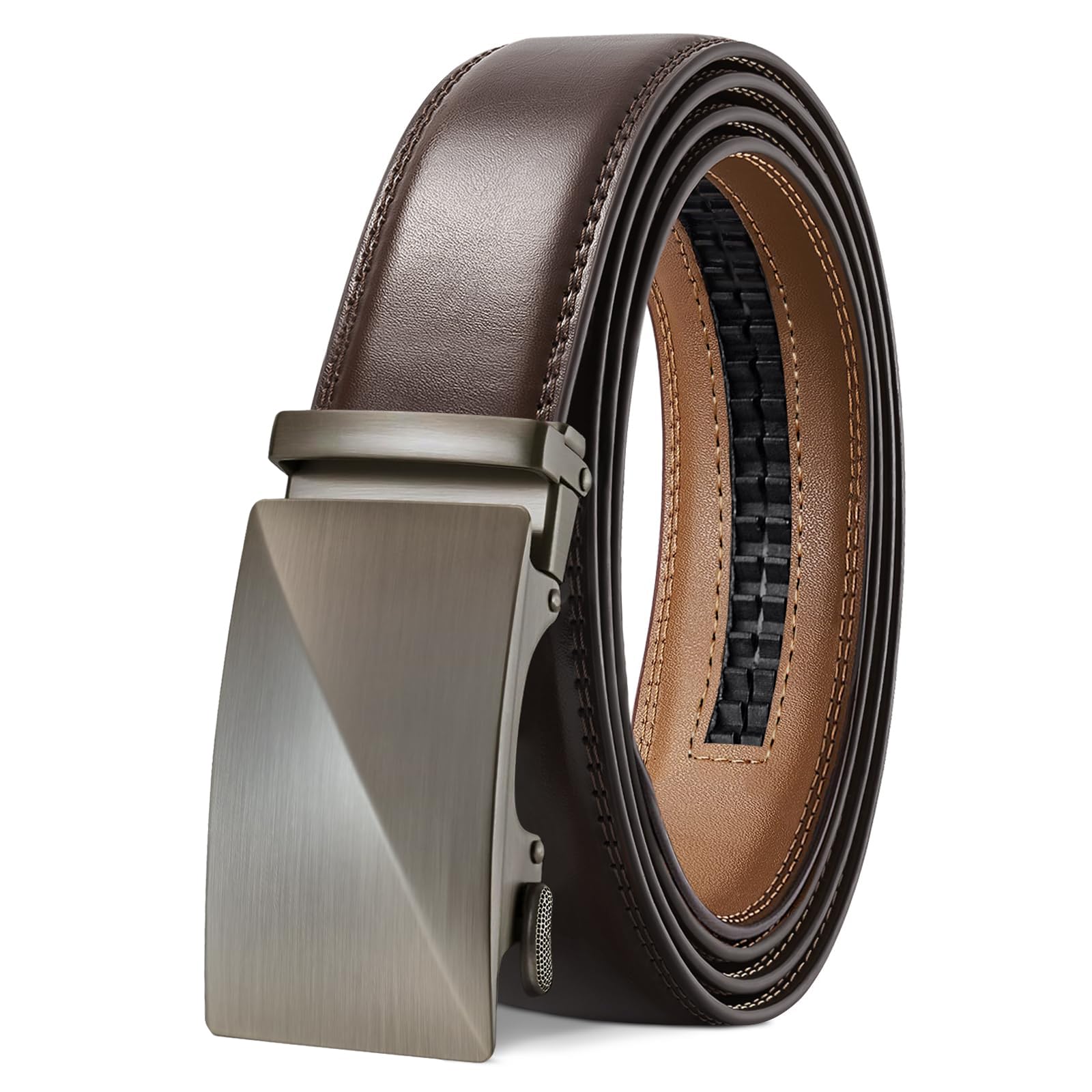 Tangchao Men's Leather Belt with Ratchet, Automatic Buckle, Business Suit Belt, 