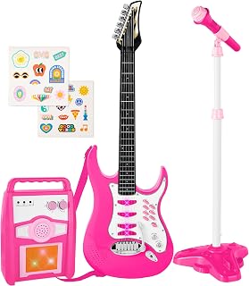 Best Choice Products Kids Electric Guitar Set with Microphone & Amp, Interactive Musical Toy for Boys & Girls, Lights & Sounds, Demo Songs, AUX Input, DIY Stickers - Pink