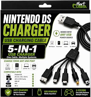 Mart Cobra Nintendo DS Charger Cable, 5-in-1 Multi-System USB Gaming Cable | Charges New 3DS XL, New 3DS, 3DS XL, 3DS, New 2DS XL, 2DS, DSi, DS Lite, Original DS, GBA SP, Wii U GamePad & PSP consoles.