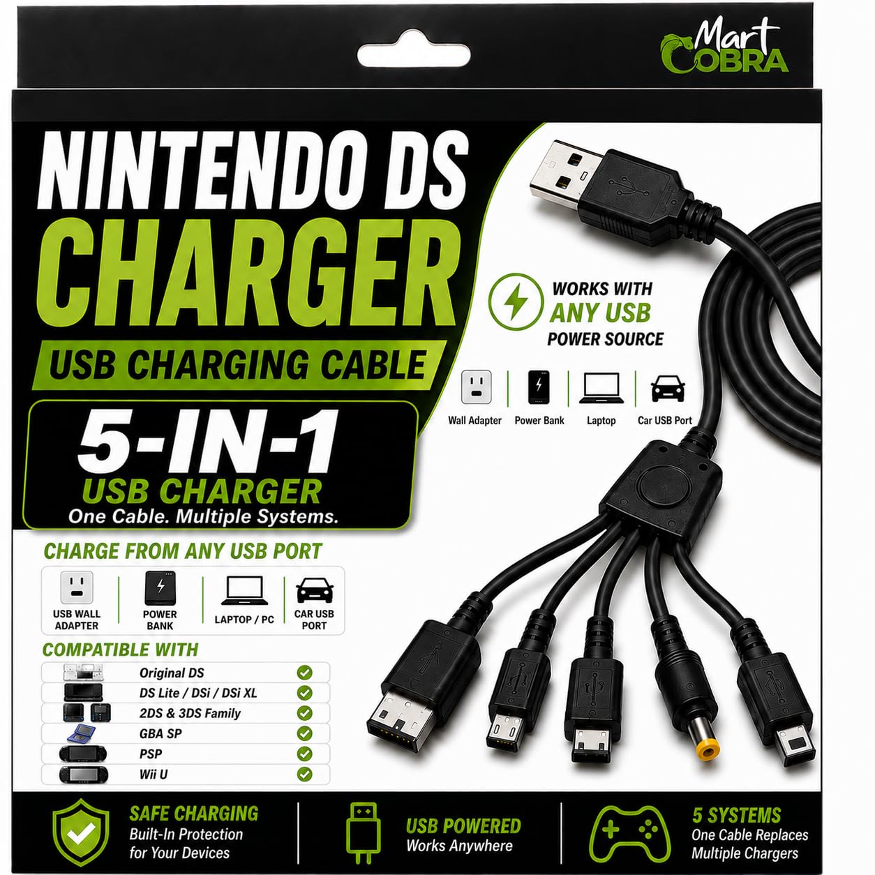 Mart Cobra Nintendo DS Charger Cable, 5-in-1 Multi-System USB Gaming Cable | Cha
