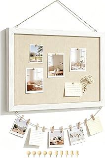 DOLLAR BOSS Double-Sided Bulletin Boards with Linen, 16"x12" 1PC Cork Board | Corkboards for Walls, Small Pin Board, Wood Framed, Decorative Hanging, For Home Kitchen Office, 10 Pushpins 10 Clips