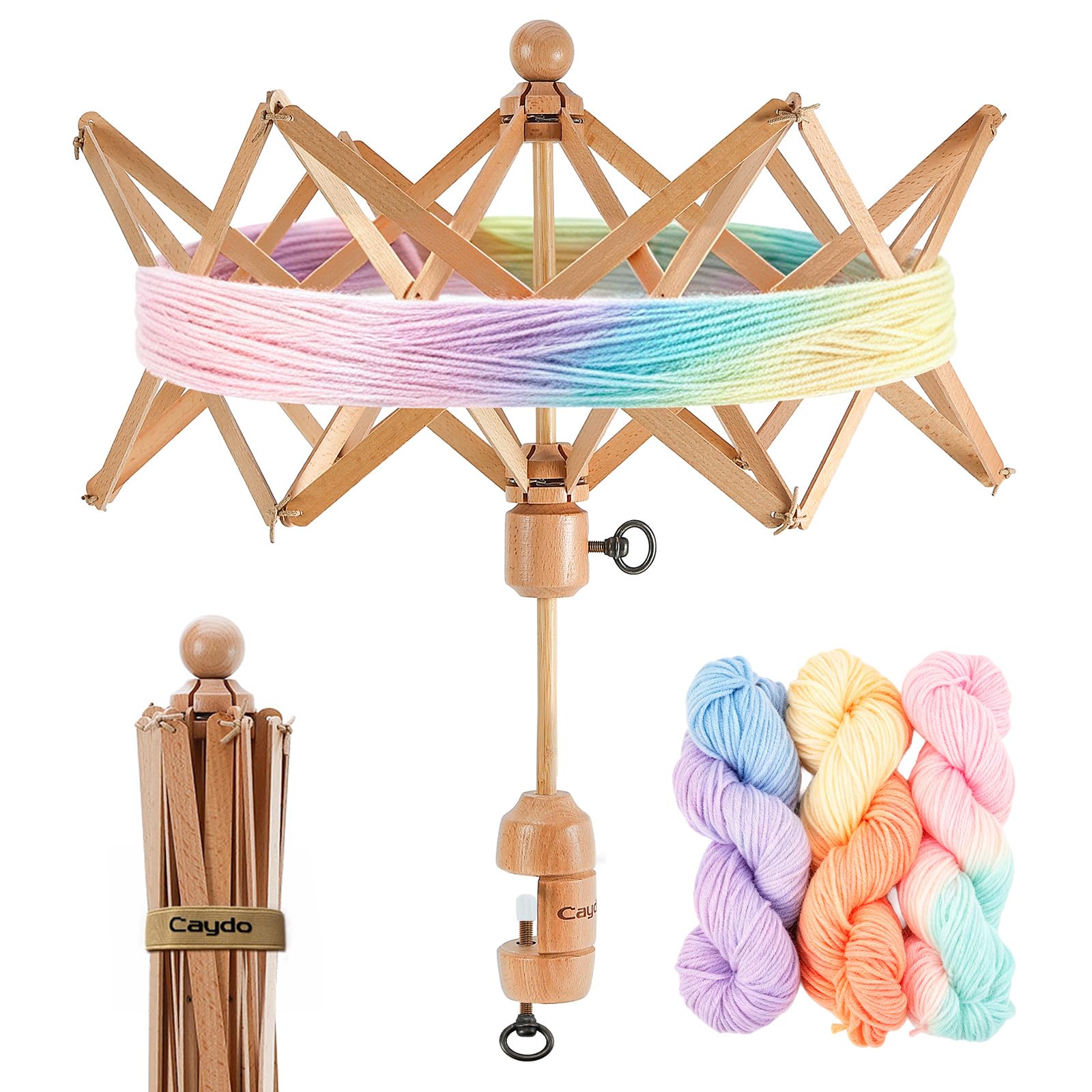 Caydo Wooden Yarn Swift, Umbrella Swift for Skeins, Classic Beech Wood | Elastic