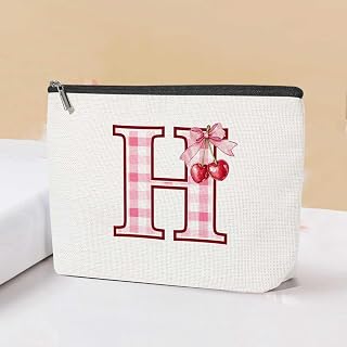 Cherry Bow Initial Alphabet A-Z Makeup Bag, Pink Tartan Cosmetic Bag Toiletry Pouch for Women Mom Christmas Birthday Gift, LCS CherryH