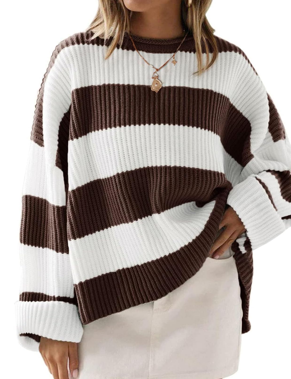ZESICA Womens Fall Winter Oversized Striped Knit Sweaters Fashion Clothes
