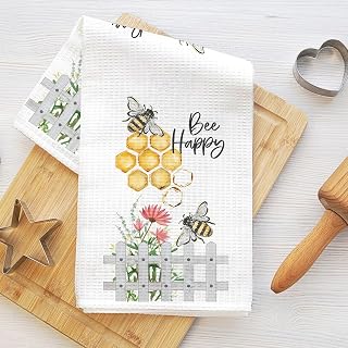 Adorable Bees Kitchen Towels 24x14 in Floral Honeycomb Towels and Honey for Kitchen Home Farmhouse Style White Terry Cloth Absorbent Microfiber Tea Towels Gifts