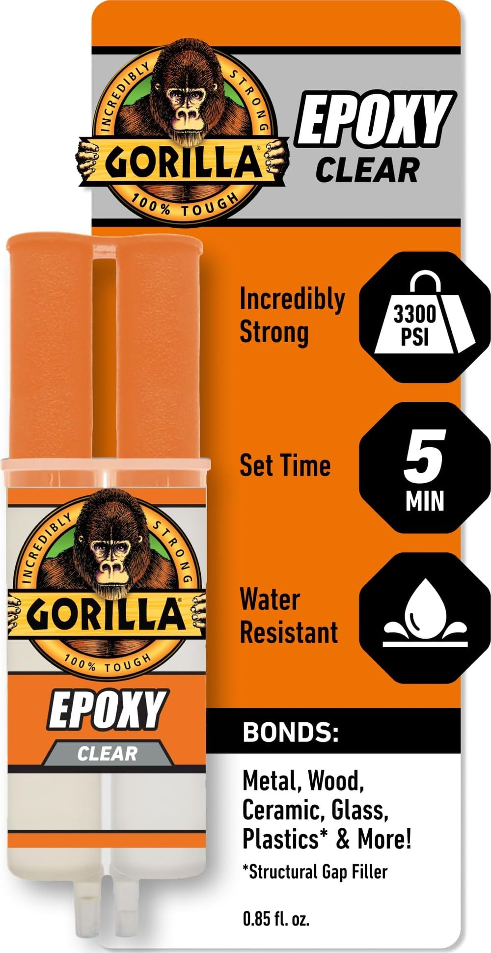 Gorilla 2 Part Epoxy, Incredibly Strong Bonding, 5 Minute Set, 0.85 oz | Water R