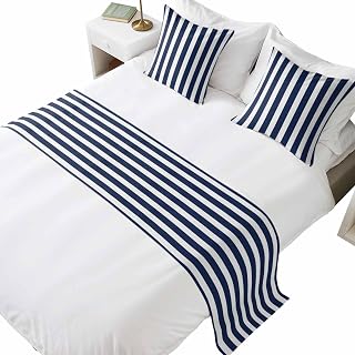 DecorLovee Navy Blue Striped Bed Runners for King Size Bed with 2 Matching Pillow Covers, Modern Farmhouse Blue White Stripes Decorative Sofa Throw Bedding Scarf Protector Slipcover for Bedroom