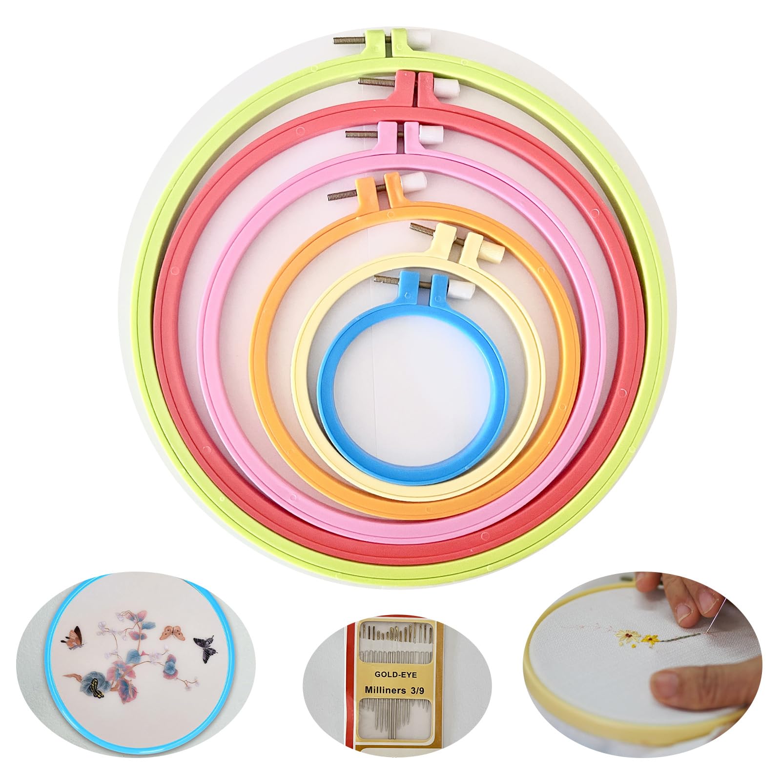 6Pcs Round Embroidery Hoop Set, Plastic Cross Stitch Frame, Colourful Embroidery