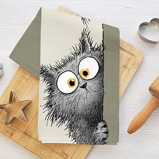 Cartoon Peeking Gray Cat Print Kitchen Towels, Reusable Absorbent Fast Drying Dish Cloths, Cute Kitty Hand Tea Towels for Kitchen Bathroom Home Decor, Cat Lover Gifts for Women Men 6