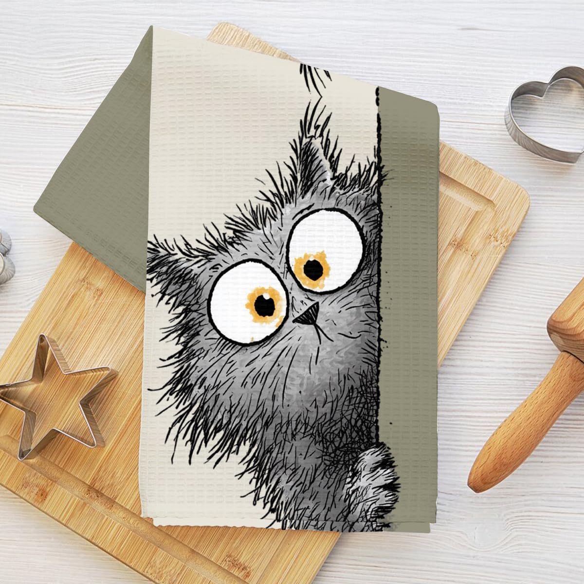 Cartoon Peeking Gray Cat Print Kitchen Towels, Reusable Absorbent Fast Drying Di
