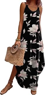 Zeagoo Women's Casual Sundress Summer Maxi Sleeveless V Neck Split Boho Beach Dress Travel Vacation Dress with Pockets
