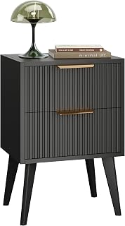 YAUKOMEL Fluted Nightstand with 2 Drawers,Black Bedside Table | Mid Century Modern Night Stand,Metal Handles,Side Table with Solid Wood Legs,End Table for Living Room,Bedroom,Small Spcae