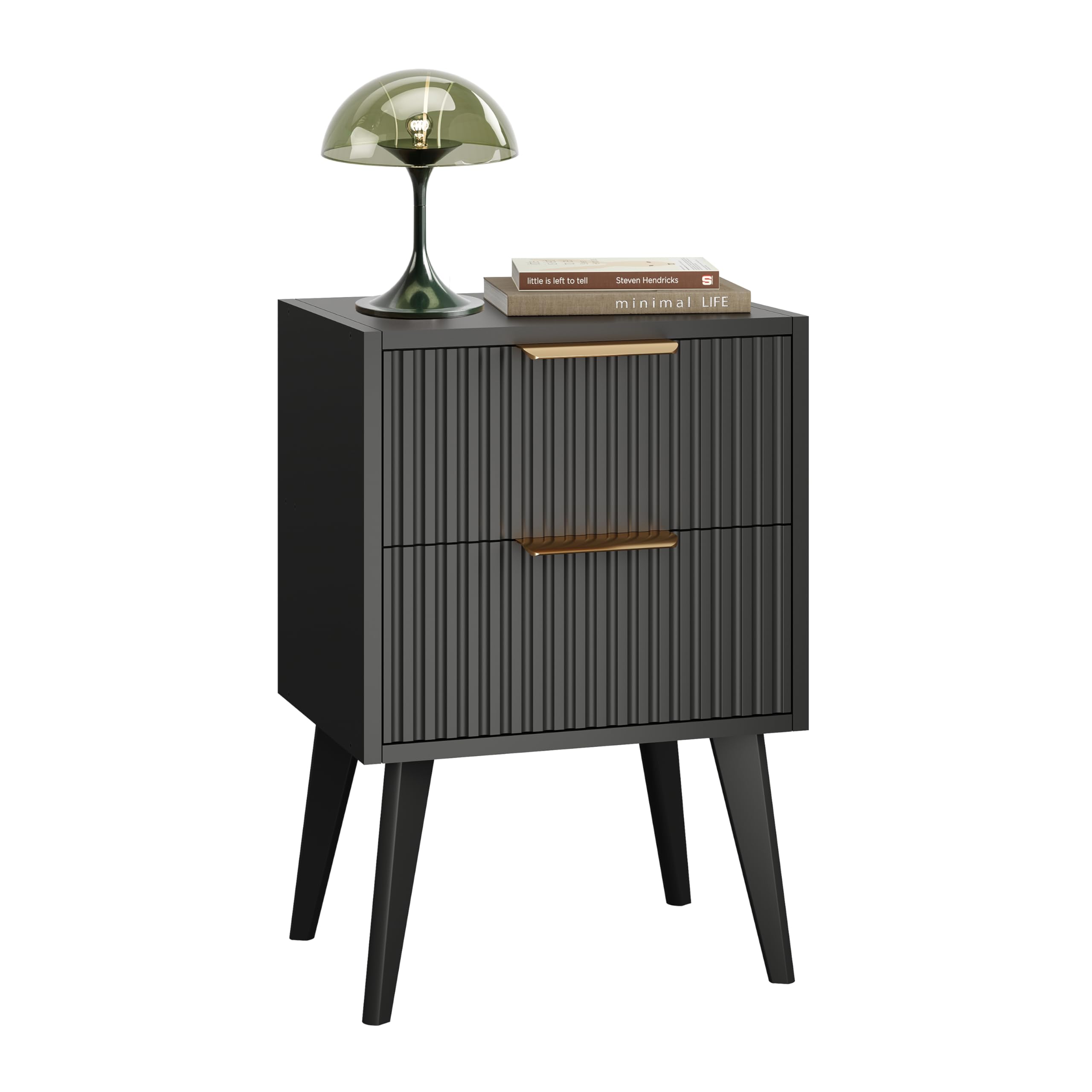 YAUKOMEL Fluted Nightstand with 2 Drawers,Black Bedside Table | Mid Century Mode