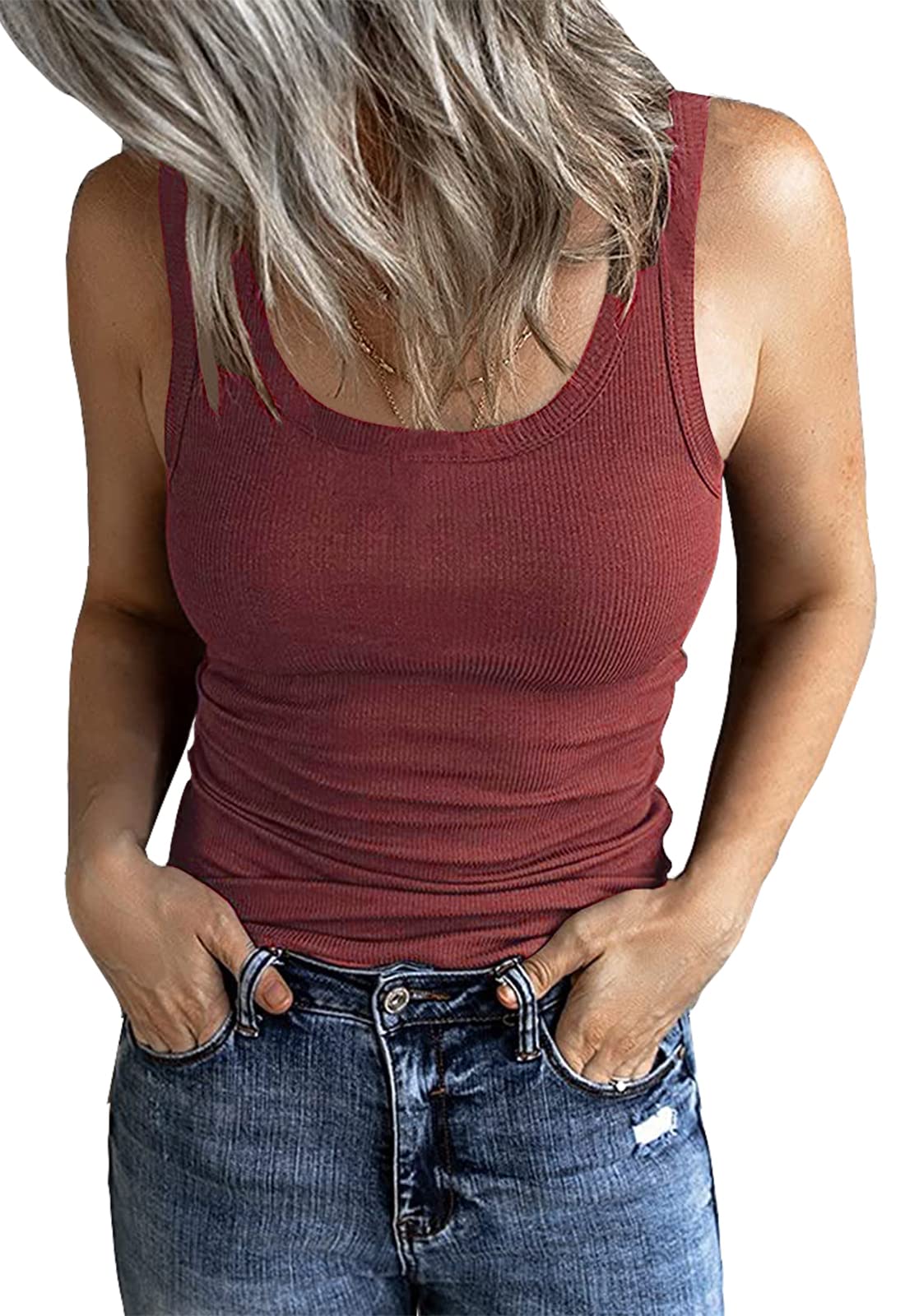GEMBERA Women's Ribbed Scoop Neck Tank Tops Basic Fitted Tee