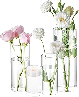 Homjoy 4 Pack Glass Cylinder Vases 4,6,8,10 Inch Tall Clear Flower Vase Hurricane Floating Candle Holder for Table Centerpiece Wedding Home Decor