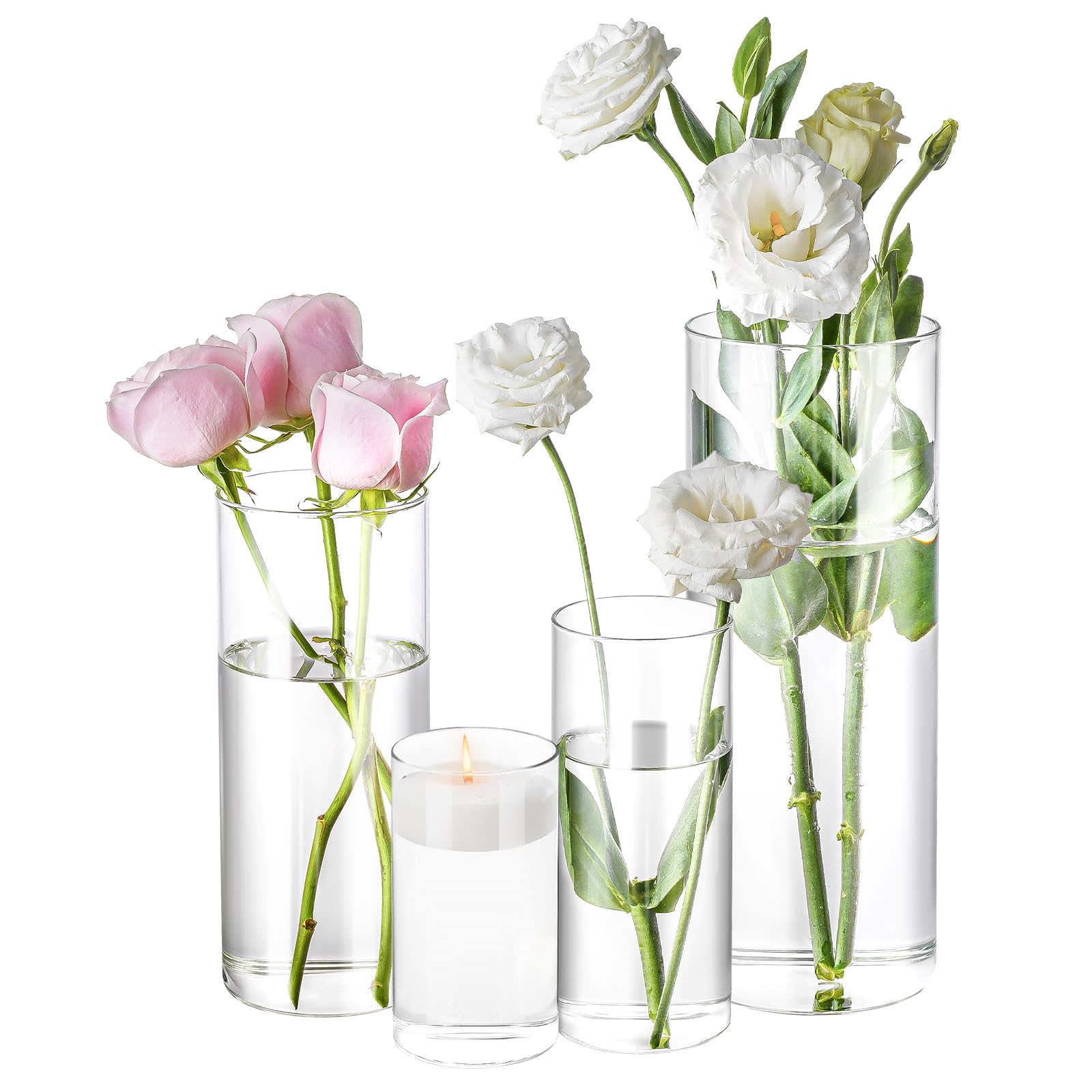 Homjoy 4 Pack Glass Cylinder Vases 4,6,8,10 Inch Tall Clear Flower Vase Hurrican