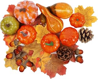 winemana Fall Decorations for Home Mini Pumpkins Gourds & Leaves Set | Thanksgiving Autumn Harvest Table Centerpieces, Cornucopia Basket Bowl Filler, Largest Pumpkin: 4.5" x 2.1"