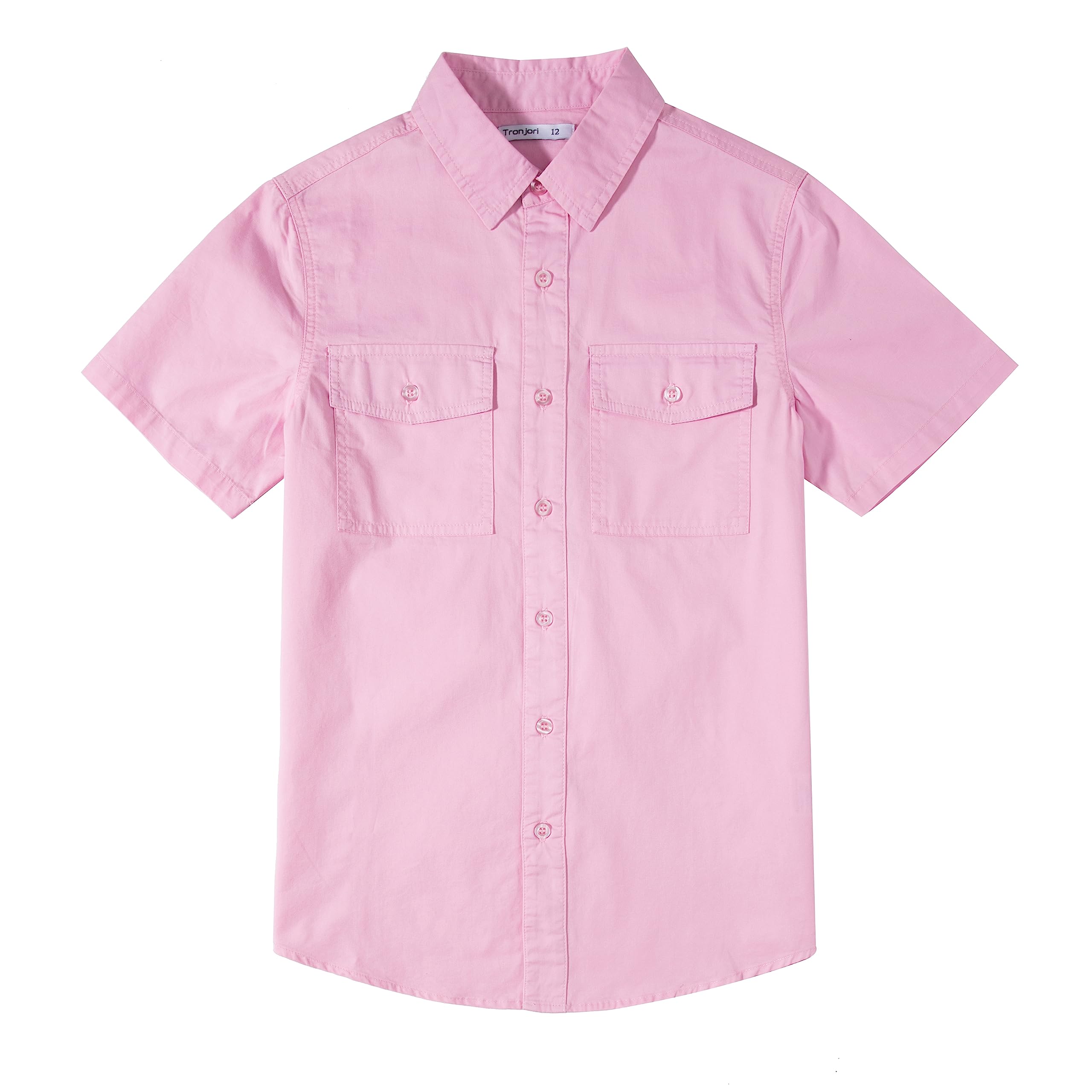Tronjori Boys Short Sleeve Cotton Shirt Plain with Two Pockets for 5-14 Years