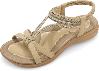 UBFEN Sandalias planas bohemias para mujer con correa trasera para verano, playa, cómodas y brillantes