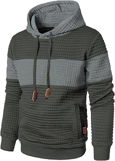 Qichic Men’s Sweatshirts Long Sleeve Pullover Patchwork Plaid Jacquard Hoodie Casual Drawstring Hoody Top