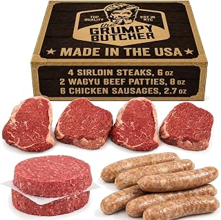 Grumpy Butcher Grilling Meats Bundle, 12 Piece Set, 4.6 lb | 4 aged Top Sirloin, 2 Wagyu burger patties and 6 chicken parmesan sausages, frozen meat for delivery