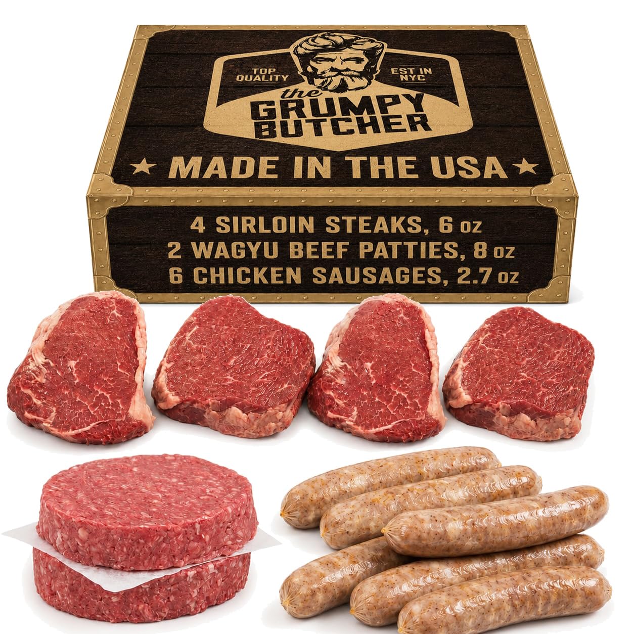 Grumpy Butcher Grilling Meats Bundle, 12 Piece Set, 4.6 lb | 4 aged Top Sirloin,
