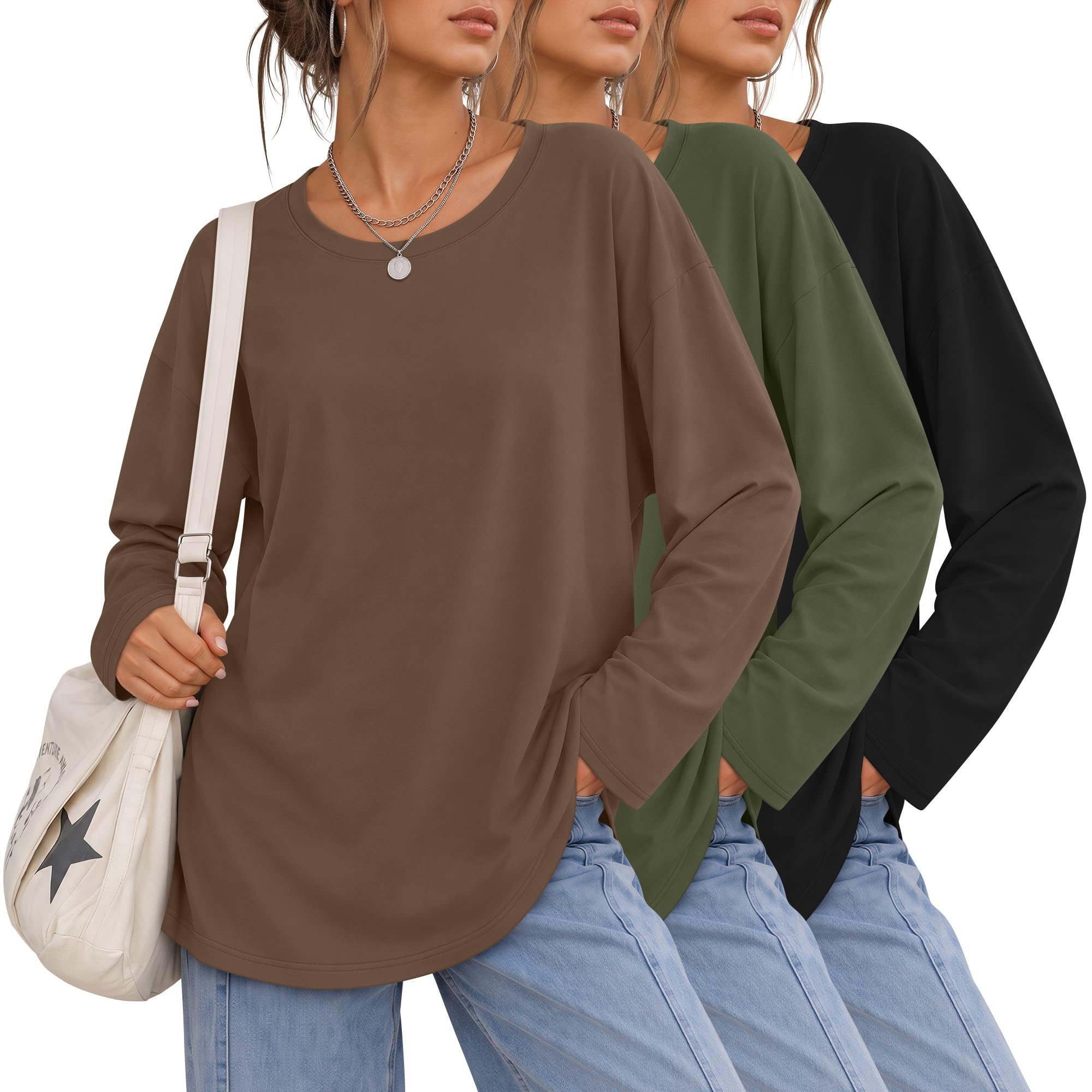 Ficerd Confezione da 3 magliette da donna oversize a maniche lunghe in