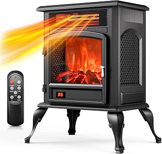 EXNOS Electric Fireplace Stove Heater with 3D Flame, 1500W &Flame-Only Mode | Space Heater Fireplace, Indoor Use, Freestanding, 12H Timer, Dual Control, Infrared, Thermostat, Tip-over&Overheat Protection