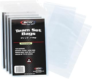 BCW Resealable Team Set Bags for Trading Cards, 400 Count | Holds up to 35 loose cards, 5 standard 35 pt toploaders, or magnetics up to 108 pt with an adhesive flap closure.